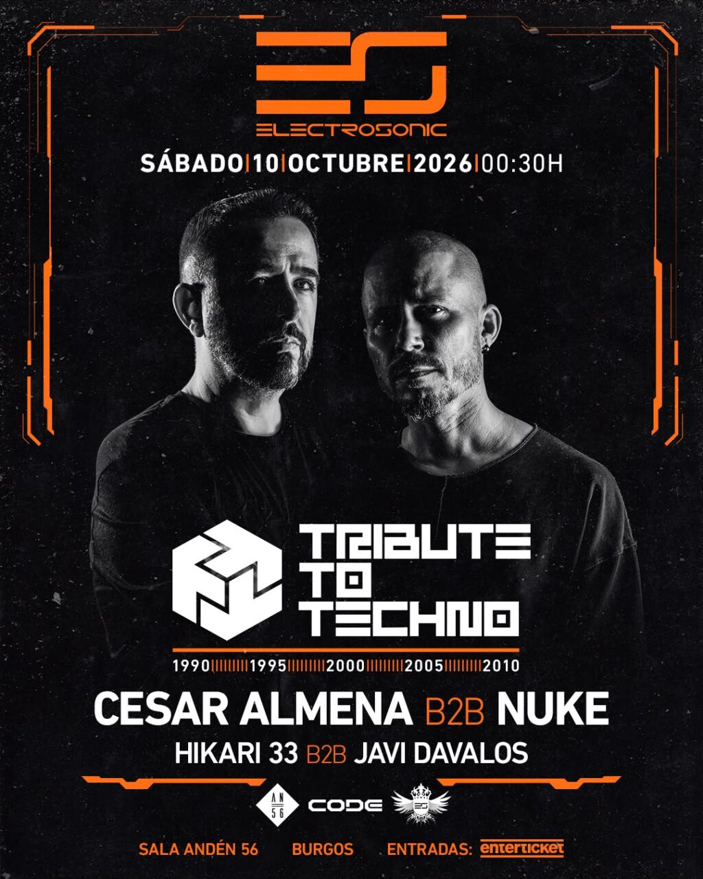 ELECTROSONIC - TRIBUTE TO TECHNO. César Almena B2B Nuke, creadores de CODE, junto a Hikari 33 B2B Javi Dávalos.